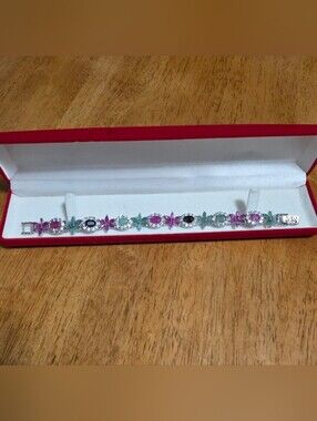 🆕️ Elegant Lab Ruby Sapphire Emerald Stering Silver Gemstone Tennis Bracelet